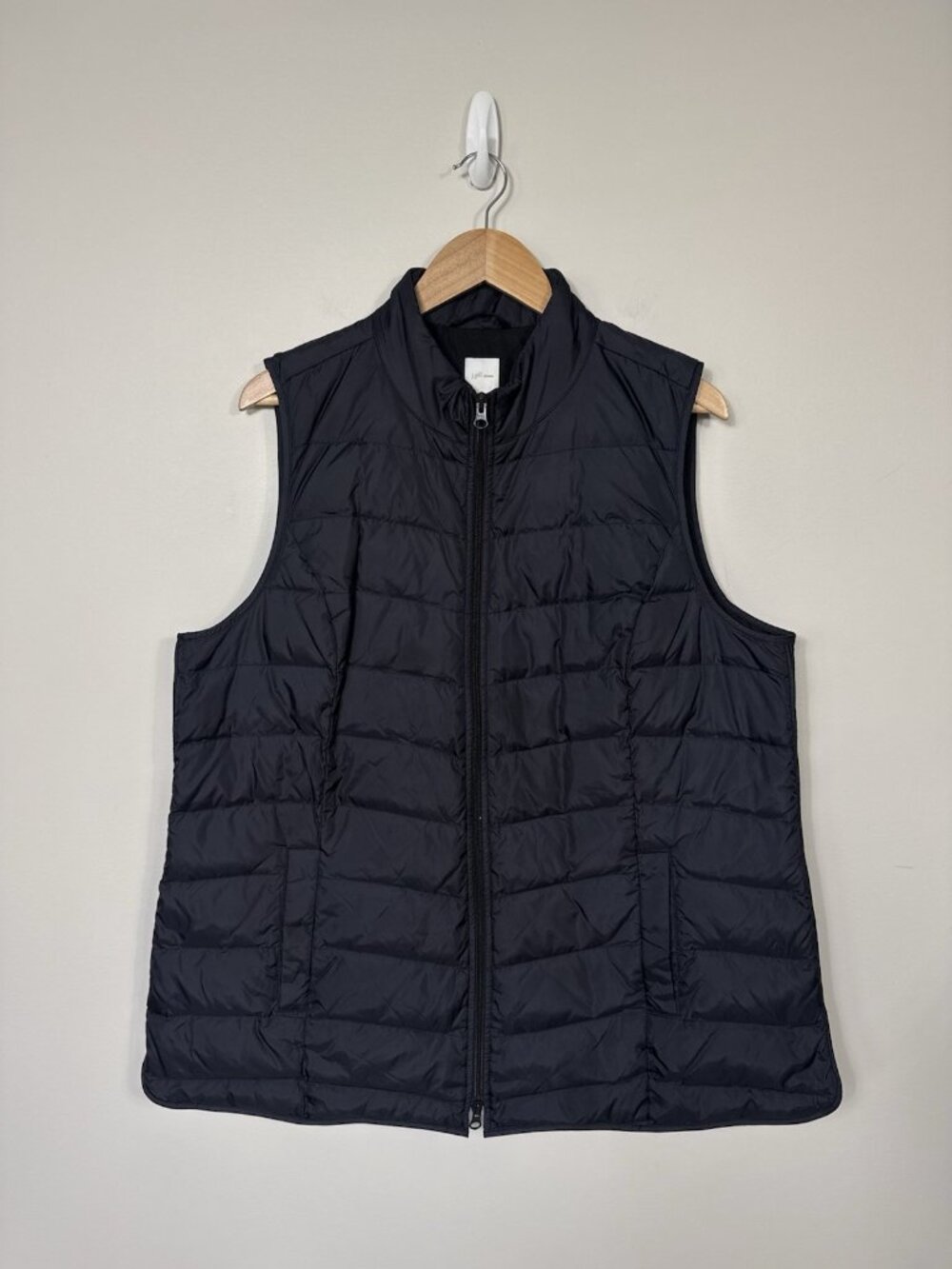 J Jill Puffer Down Vest XL Petite Navy Blue Long Length Quilted Side Zippers